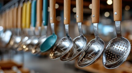 Metal ladles with wooden handles hanging in a market kitchen setting ready for use in cooking and food preparation activities during the daytime