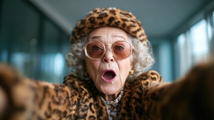 A lively elderly woman wearing animal print clothing and large sunglasses expresses surprise and excitement, capturing joy and spontaneity in her expression.