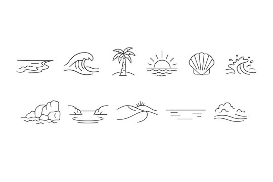 Minimal line icon set of ocean and beach elements including waves, palm tree, sunrise, shell, splash, rocks, shoreline, clouds and sea horizon