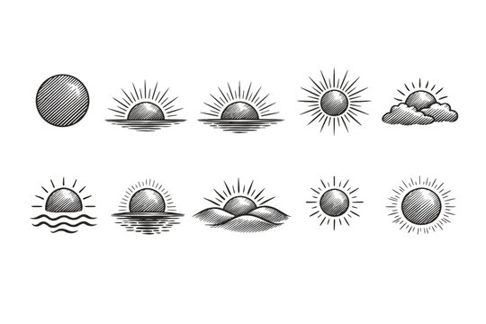 Vintage hand-drawn sun and sunrise icon set with rays, horizon, clouds, sea reflections, and engraved linework weather symbols in black and white