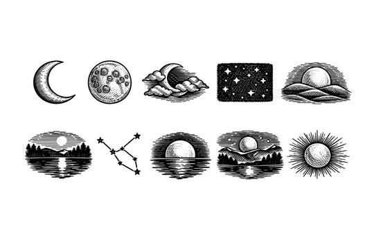Black and white engraved celestial icon set featuring moon phases, starry sky, constellations, and sunrise and sunset landscapes over water
