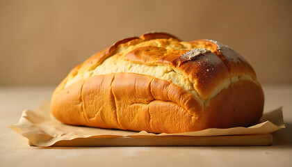 A soft, elongated bread roll with a shiny crust and a split revealing tender interior, resting on parchment  4K HD
