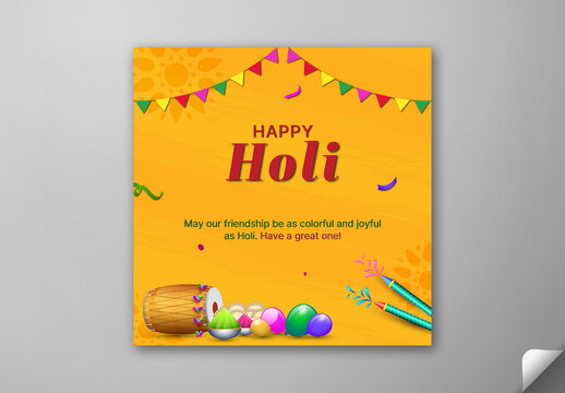 Editable Happy Holi Celebration Greeting Social Media Post with Festival Elements on Chrome Yellow Background.