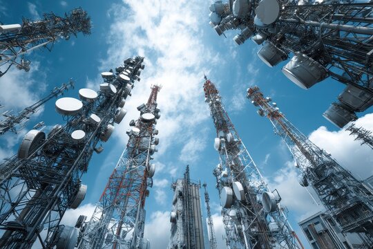 A low angle shot of telecommunication towers with blue sky. Good for illustrating communication, technology, or broadcasting.