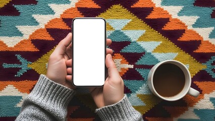 A person holding a smartphone with a cup of coffee on a colorful rug