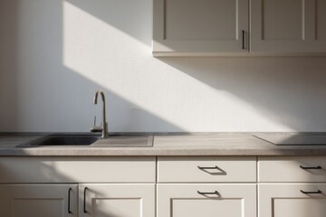 Modern kitchen cabinetry featuring a sink area bathed in dramatic sunlight and shadow