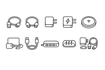 Minimal line icon set of smartphone charging accessories including cables, wall adapters, wireless charging pad, power bank, multiport hub, and organizers
