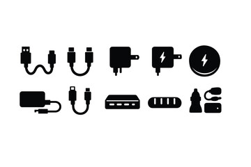 Minimal black silhouette set of charging accessories and connectors, including cables, wall adapters, wireless charger, hubs, and power bank icons