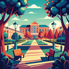 Naklejka premium a-serene-university-courtyard-with-benches--trees- (1).eps