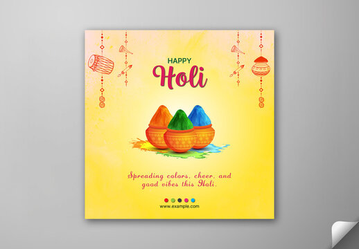 Editable Happy Holi Festival Greeting Social Media Post with Color Powder Pots on Yellow Background.