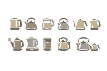 Minimalist set of illustrated kitchen kettles, teapots, and coffee makers in neutral tones, showing various shapes and handles on white background