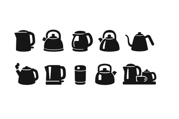 Collection of black silhouette icons showing teapots, kettles, a thermos, and a tea cup set arranged in two rows on a white background