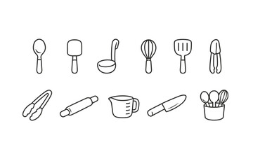 Minimal line art kitchen utensil icons set featuring spoon, spatula, ladle, whisk, tongs, rolling pin, measuring cup, knife, and utensil holder