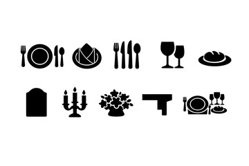 Black silhouette icon set of dining tableware and restaurant elements including plates, cutlery, wine glasses, napkin, candles, flowers, and table