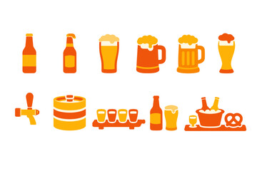 Flat vector illustration of assorted beer icons including bottles, foamy pint glasses, mugs, keg, tap faucet, tasting flight, and snack tray