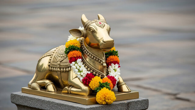 Golden Nandi Statue with Floral Garland.