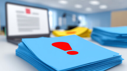 Important notice with exclamation mark on large stack of office papers