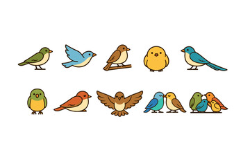 Set of colorful cartoon birds in various poses including perched, flying, chick, owl, and pairs, hand-drawn vector doodles on white background