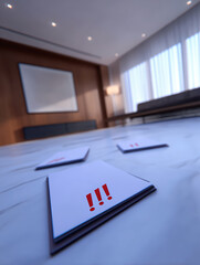 Critical points highlighted with red exclamation marks on conference table notebooks