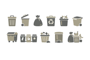 Collection of flat waste and recycling bin icons, including trash cans, garbage bags, compost containers, and sorting symbols on white background