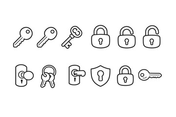 Minimal black outline security icons showing keys, padlocks, door locks, shield, and access control symbols on a clean white background