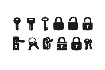Set of black security icons featuring keys, keyhole door handle, and multiple padlocks in locked and unlocked states on a white background