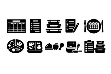 Black silhouette icon set for meal planning and food service, featuring calendar, checklists, trays, lunchbox, tableware, and nutrition plates