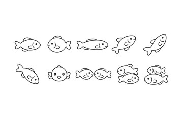Minimal black-and-white doodle set of cute cartoon fish in multiple poses, simple outline aquatic icons on a clean white background