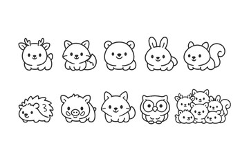 Minimal black and white kawaii cartoon animal doodles set with deer, cat, bear, rabbit, squirrel, hedgehog, pig, owl and a group of hamsters