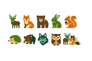 Cute flat woodland animal icons set featuring deer, fox, bear, rabbit, squirrel, hedgehog, boar, wolf, owl, and forest friends