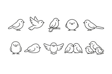 Minimal line art set of cute cartoon birds in multiple poses, including flying, perching, standing, sleeping, and cuddling pairs in black outline