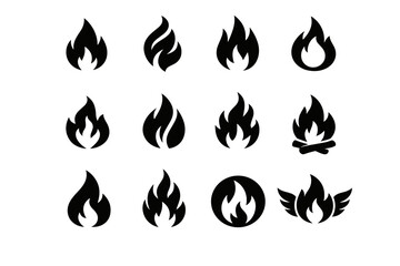 Set of black fire flame icons in assorted styles, including campfire, ember, blaze, and winged flame symbols on a clean white background