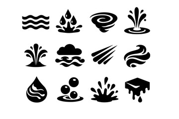 Collection of black water and liquid icons showing waves, droplets, splashes, ripples, whirlpool, spray, bubbles, and dripping fluid silhouettes
