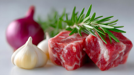 Fresh Raw Beef Cubes with Rosemary, Garlic and Red Onion