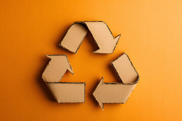 Closeup of a recycling symbol printed on a cardboard box - symbolizing the role of packaging in sustainable practices and recycling orange background