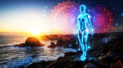 Obraz premium Futuristic Human Energy Body At Ocean Sunset With Sacred Geometry And Digital Aura
