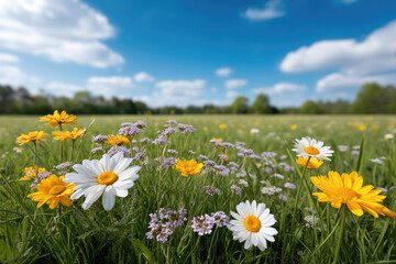 Fototapeta premium Wildflower meadow in spring with colorful daisies and blue sky, vibrant nature landscape, peaceful and bright atmosphere