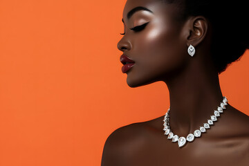 elegant woman adorned with dazzling diamond jewelry at a prestigious high-society event orange background