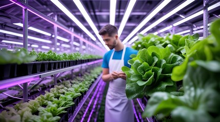 Young Farmer Inspecting Organic Greens Indoors