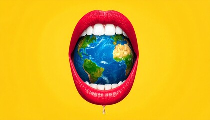 Vibrant lips embracing the earth on bright yellow background