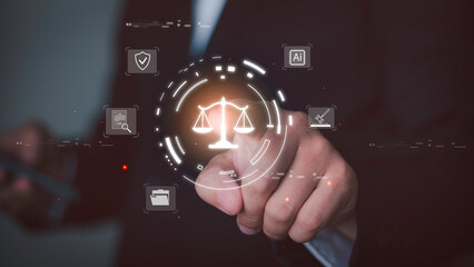 justice scale interface with AI, law, document, and security. Businessman pressing virtual icons,...