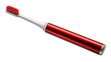 Red toothbrush with tooth close up of a vibrant red toothbrush alongside a single healthy tooth