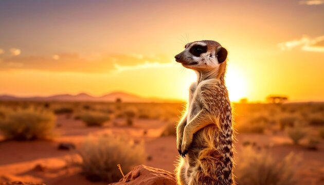 Meerkat Sentinel - A vigilant meerkat stands guard at sunset.