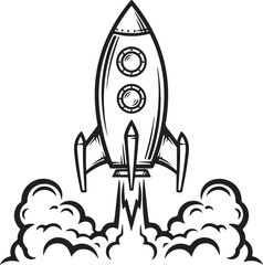 Rocket ship launching into the sky with smoke and flames