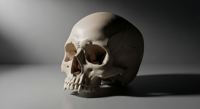 A human skull is positioned on a grey surface viewed from the side with a subtle shadow cast on the background