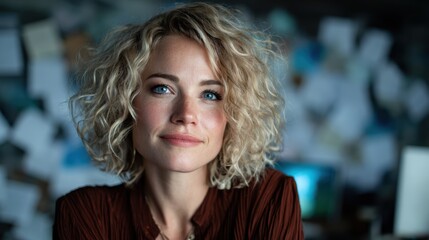 A poised woman with beautiful curly hair gazes serenely at the camera, encapsulating grace and confidence amidst a creative studio backdrop.