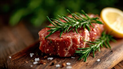 Beautifully arranged raw meat cuts garnished with fresh rosemary and lemon, emphasizing freshness and quality, often associated with culinary arts and gourmet cooking.