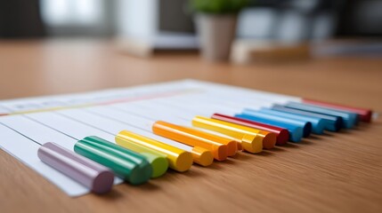 A row of colorful planning markers arranged on a grid paper on a wooden table surface