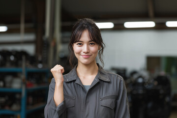 Proud young Asian female mechanic in grey uniform raising fist and smiling in workshop. Concept of woman empowerment, skilled labor, and industrial success.