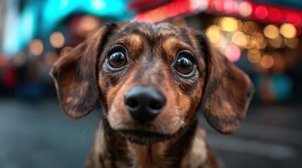 A whimsical close-up of a curious puppy with big brown eyes evokes feelings of warmth and tenderness, reminding us of the joy and love animals bring into our lives every day.